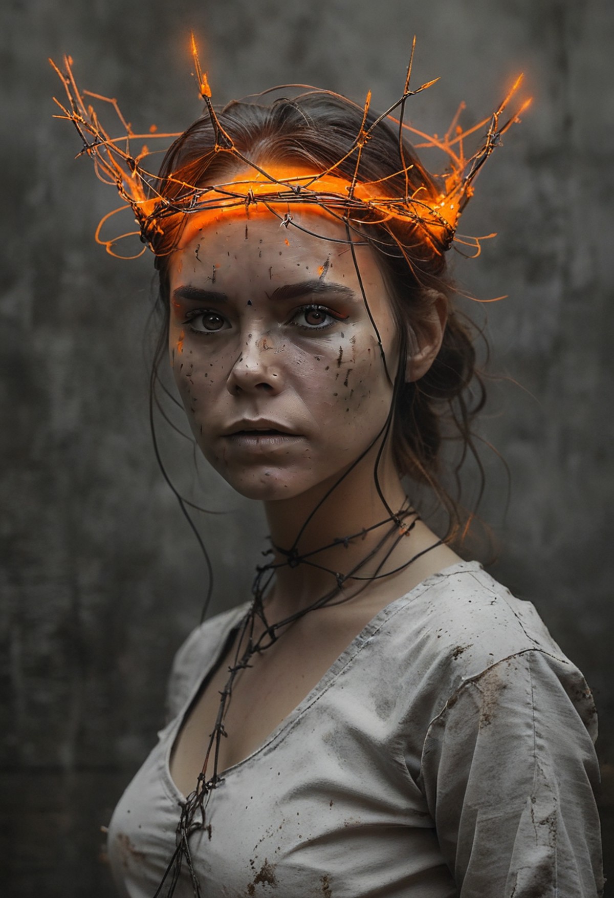 an image of a female with crown of barbed wire and a glow orange, in the style of speedpainting, dark white and dark gray,...